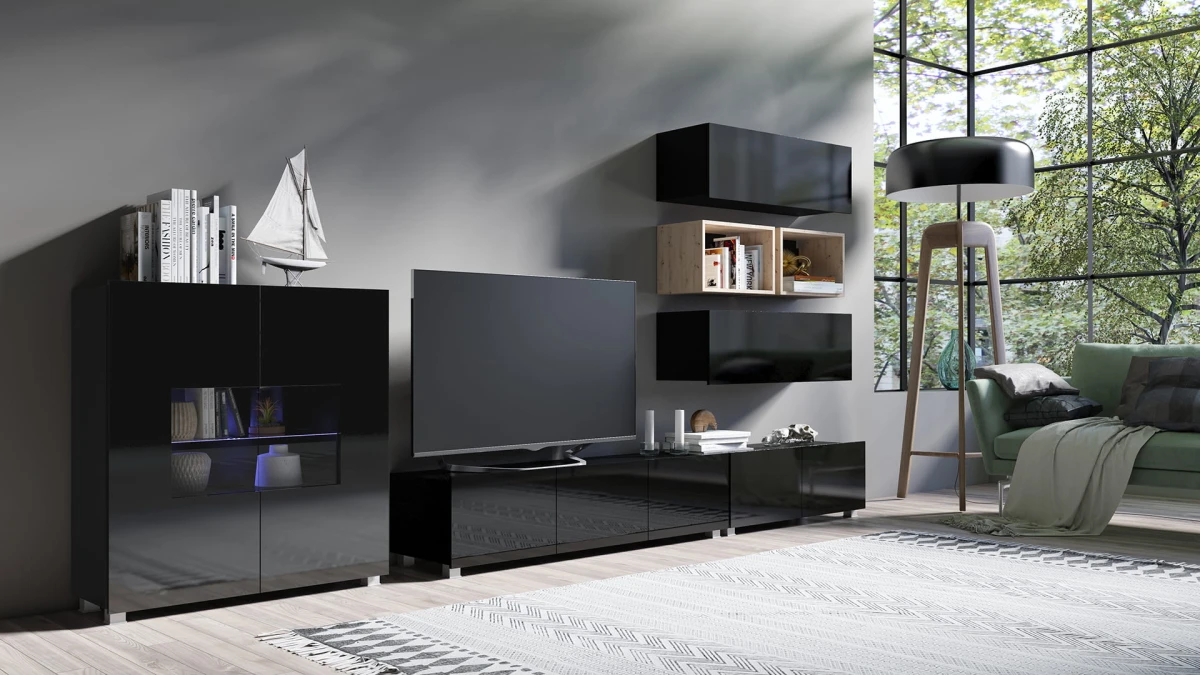 PRESTIŻ ZESTAW MEBLI Do Salonu POKÓJ SZAFKA WISZĄCA RTV WITRYNA Wysoki Połysk ZESTAW 28 czarny-dąb artisan (2).jpg