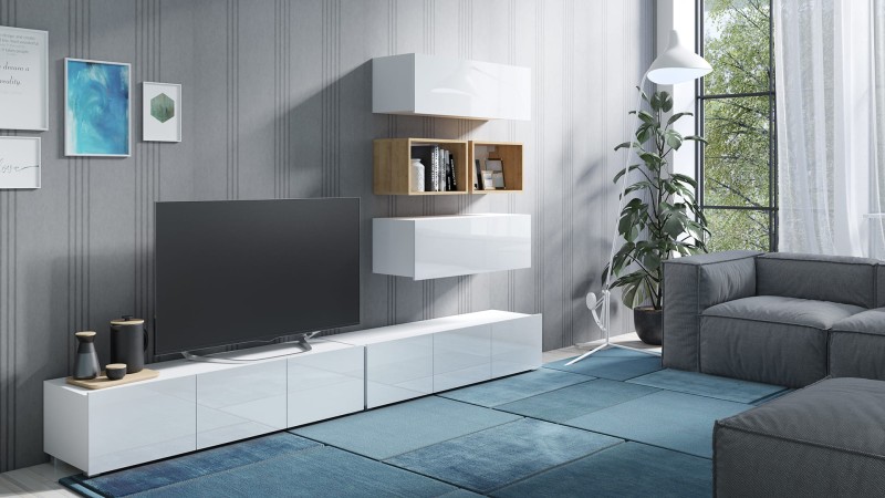 ZESTAW 27 biały-dąb złoty (2) PRESTIŻ ZESTAW MEBLI Do Salonu Meblościanka POKÓJ Szafka Wisząca Uniwersalna RTV Wysoki Połysk.jpg