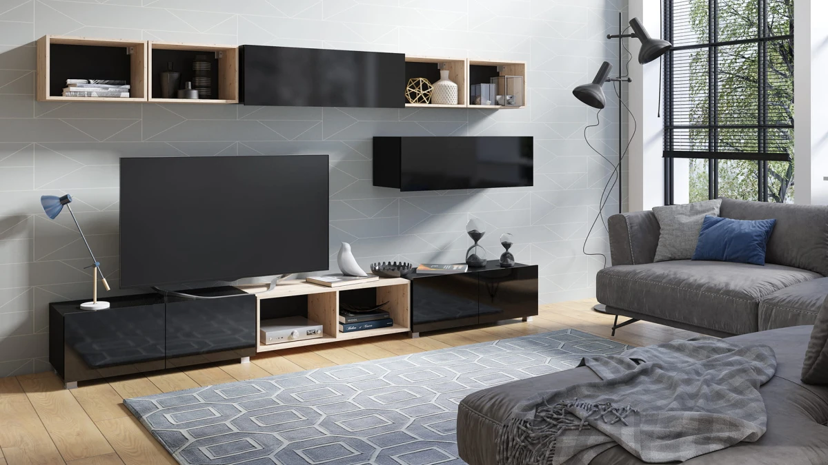 ZESTAW 26 czarny-dąb artisan PRESTIŻ ZESTAW MEBLI Do Salonu Meblościanka POKÓJ Szafka Wisząca Uniwersalna RTV Wysoki Połysk Stojąca.jpg