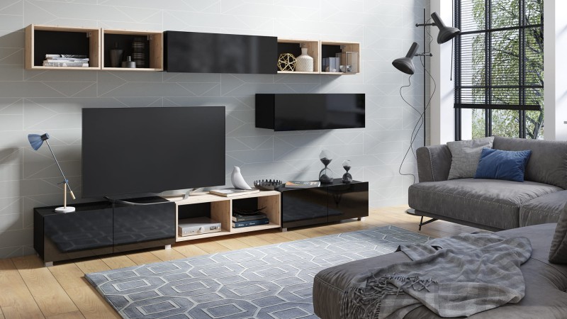 ZESTAW 26 czarny-dąb artisan PRESTIŻ ZESTAW MEBLI Do Salonu Meblościanka POKÓJ Szafka Wisząca Uniwersalna RTV Wysoki Połysk Stojąca.jpg