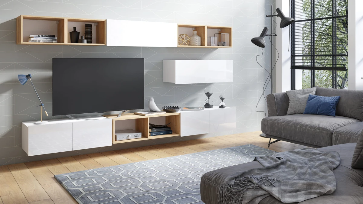 ZESTAW 26 biały-dąb złoty PRESTIŻ ZESTAW MEBLI Do Salonu Meblościanka POKÓJ Szafka Wisząca Uniwersalna RTV Wysoki Połysk.jpg