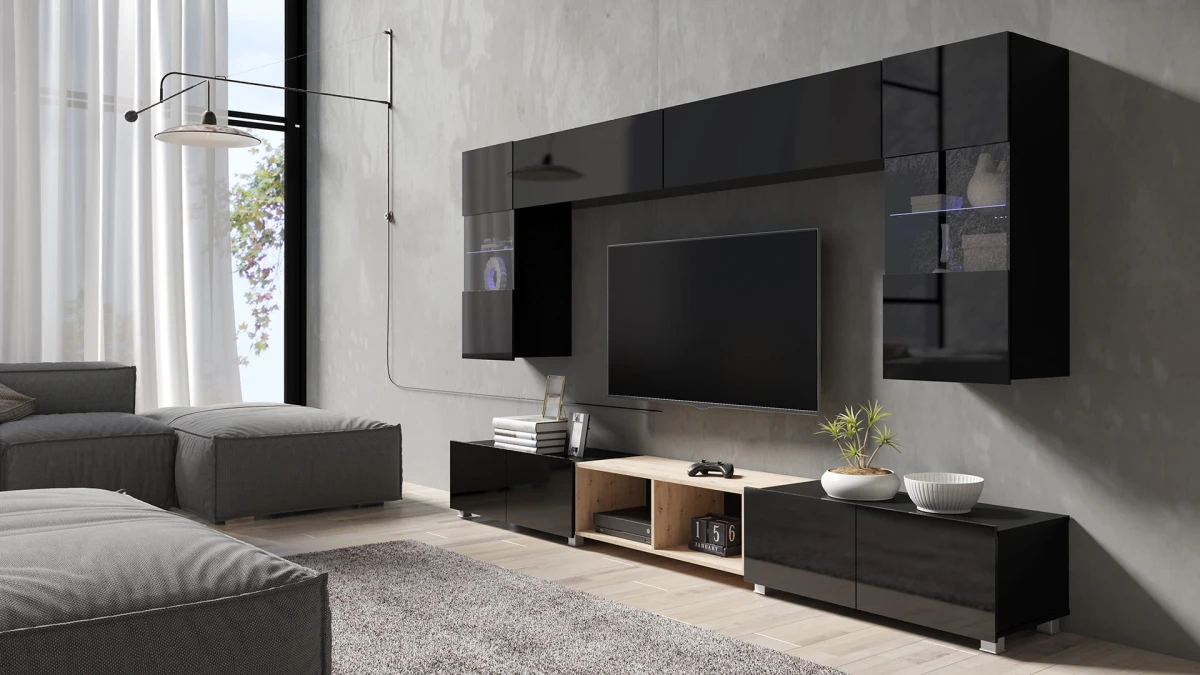 ZESTAW 24 czarny-dąb artisan PRESTIŻ ZESTAW MEBLI Do Salonu Meblościanka POKÓJ Szafka Wisząca Uniwersalna RTV Wysoki Połysk Stojąca.jpg