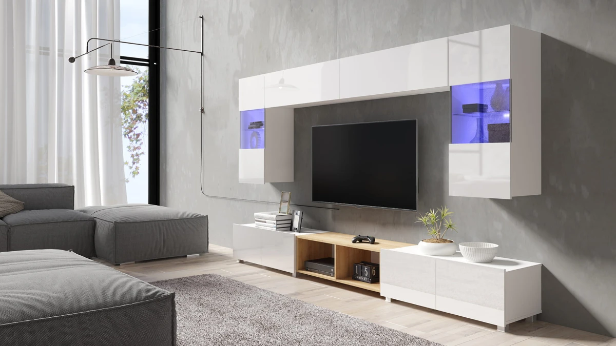 ZESTAW 24 biały-dąb złoty PRESTIŻ ZESTAW MEBLI Do Salonu Meblościanka POKÓJ Szafka Wisząca Uniwersalna RTV Wysoki Połysk stojąca.jpg