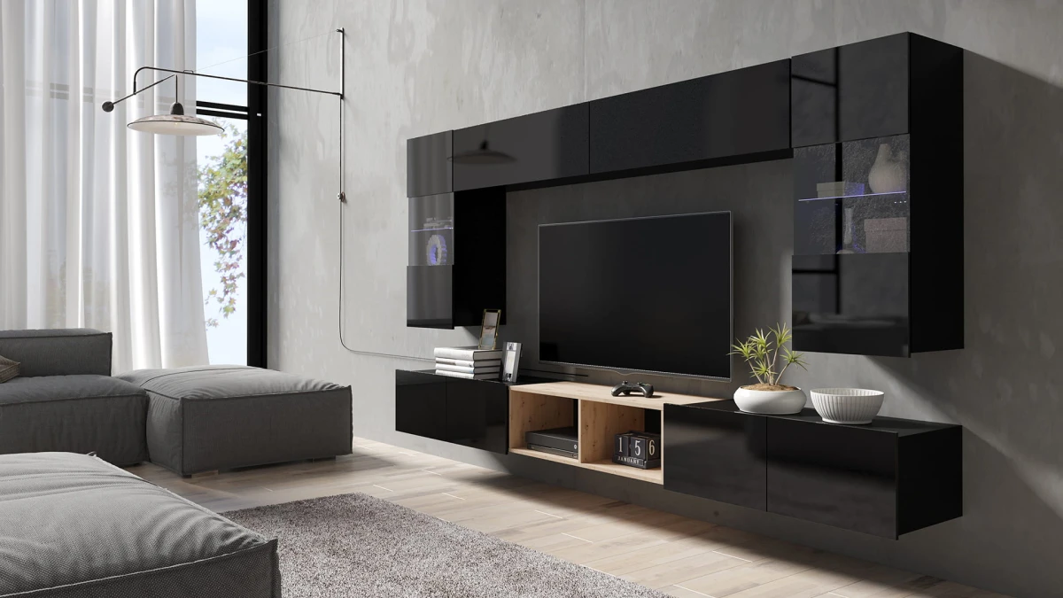 ZESTAW 24 czarny-dąb artisan PRESTIŻ ZESTAW MEBLI Do Salonu Meblościanka POKÓJ Szafka Wisząca Uniwersalna RTV Wysoki Połysk.jpg