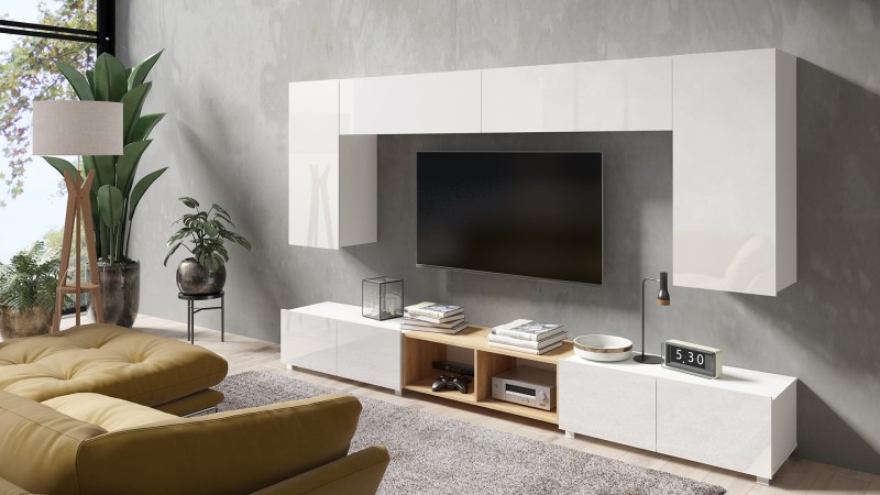 ZESTAW 23 biały-dąb złoty PRESTIŻ ZESTAW MEBLI Do Salonu Meblościanka POKÓJ Szafka Wisząca Uniwersalna RTV Wysoki Połysk stojąca.jpg