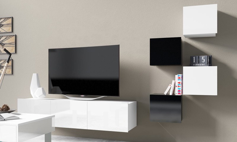 PRESTIŻ ZESTAW MEBLI Do Salonu Meblościanka POKÓJ Szafka Wisząca Uniwersalna RTV Wysoki Połysk ZESTAW NR 21-19 CZARNO - BIAŁY.jpg