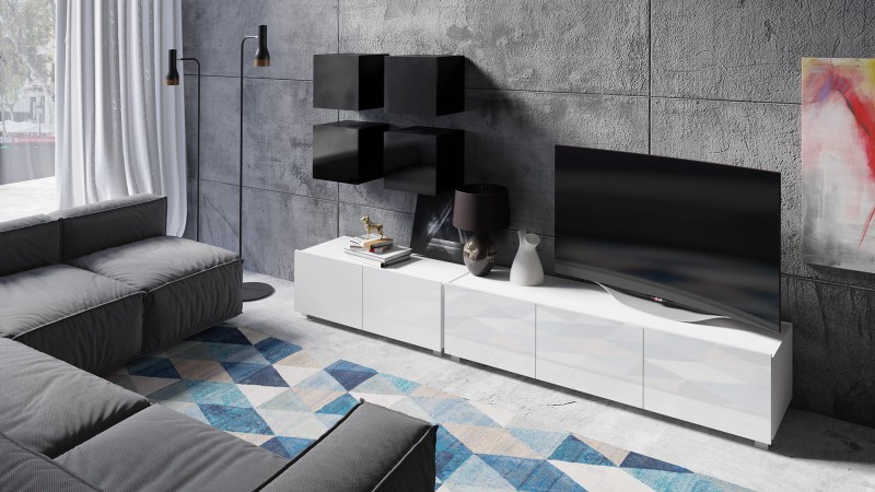 PRESTIŻ ZESTAW MEBLI Do Salonu Meblościanka POKÓJ Szafka Wisząca Uniwersalna RTV Wysoki Połysk  Czarny Biały ZESTAW NR 18 (4).jpg