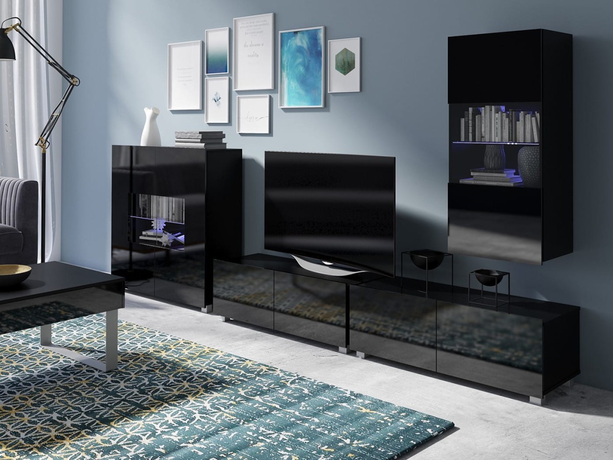 PRESTIŻ ZESTAW MEBLI Do Salonu POKÓJ SZAFKA WISZĄCA RTV WITRYNA Wysoki PołyskZESTAW NR 22 15 CZARNY.jpg