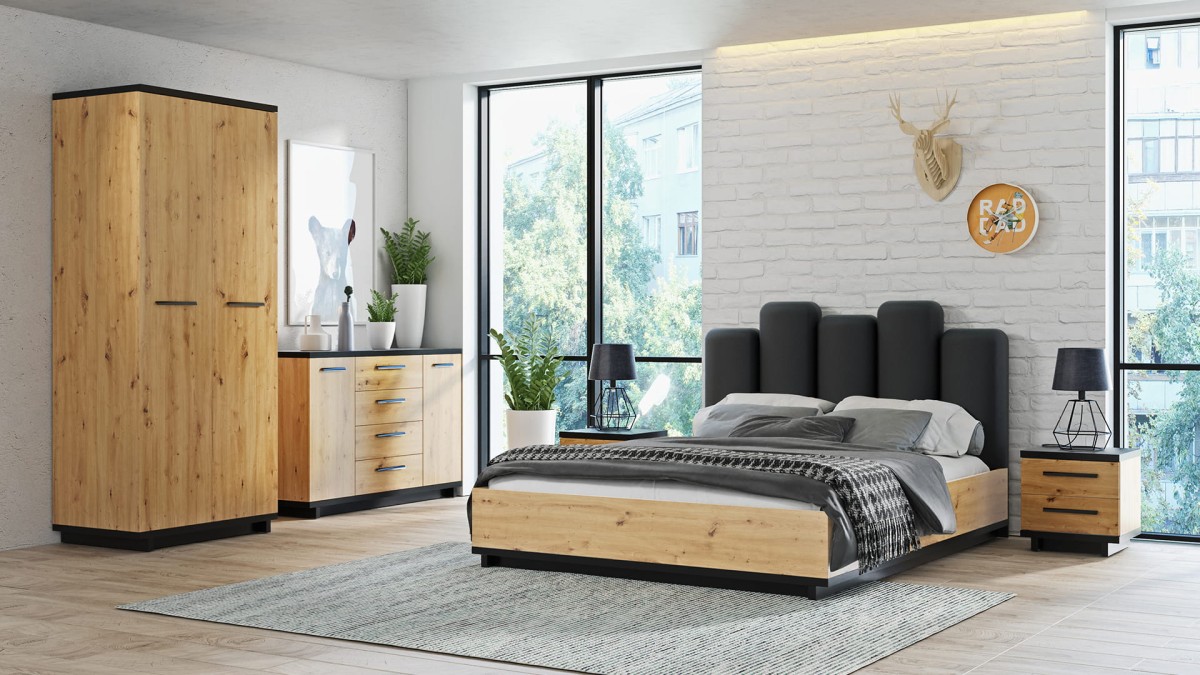INES System Mebli do Sypialnia Zestaw  Dąb Artisan Czarna LED  Komoda Łóżko 160 Szafa.jpg