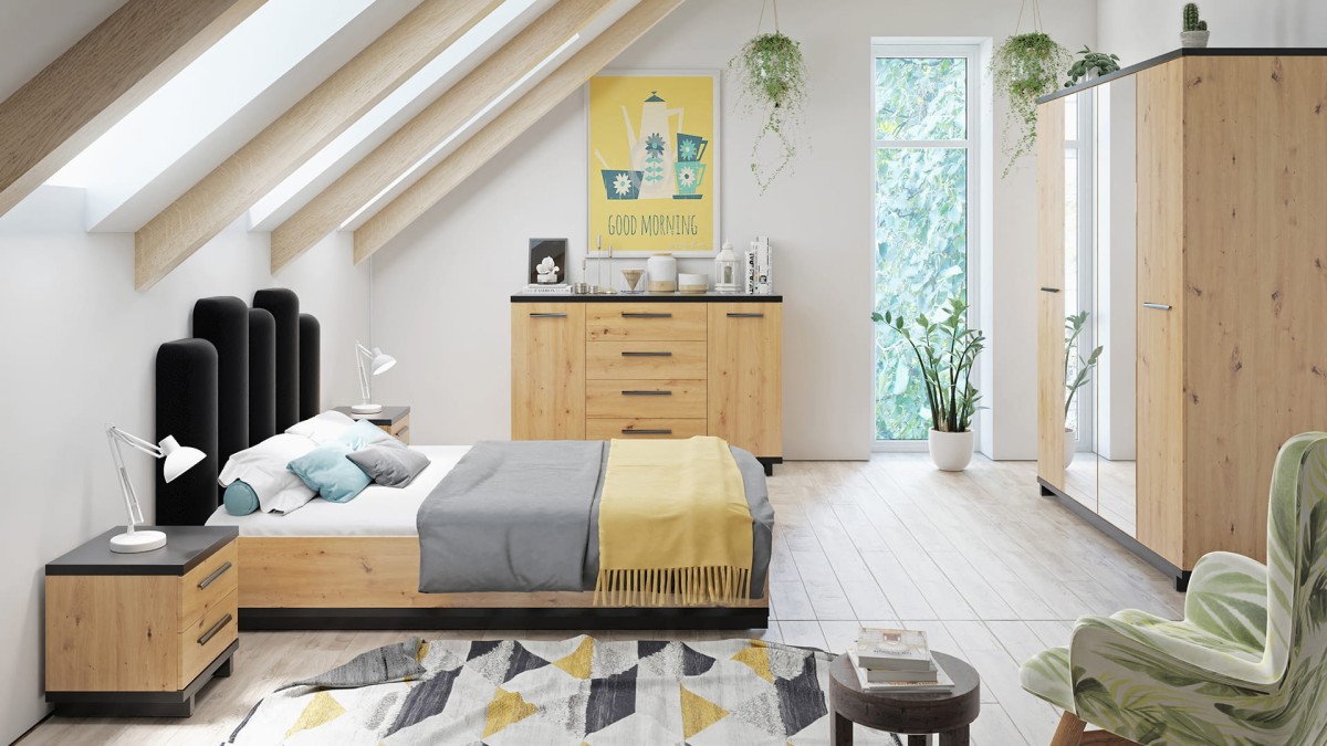 INES System Mebli do Sypialnia Zestaw  Dąb Artisan Czarna LED  Komoda Łóżko 160 Szafa Lustro.jpg