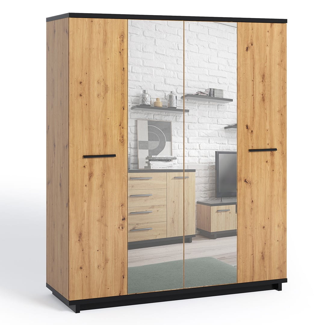 IN SZAFA 4-DRZWIOWA INES Drążek Półki Dąb Artisan Czarna Szuflady Lustro LED.jpg