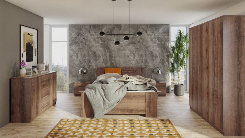 BONO 3D dąb monastery Zestaw Mebli do Sypialni Biała Łóżko Komoda Stolik Nocny Szafa LED.jpg