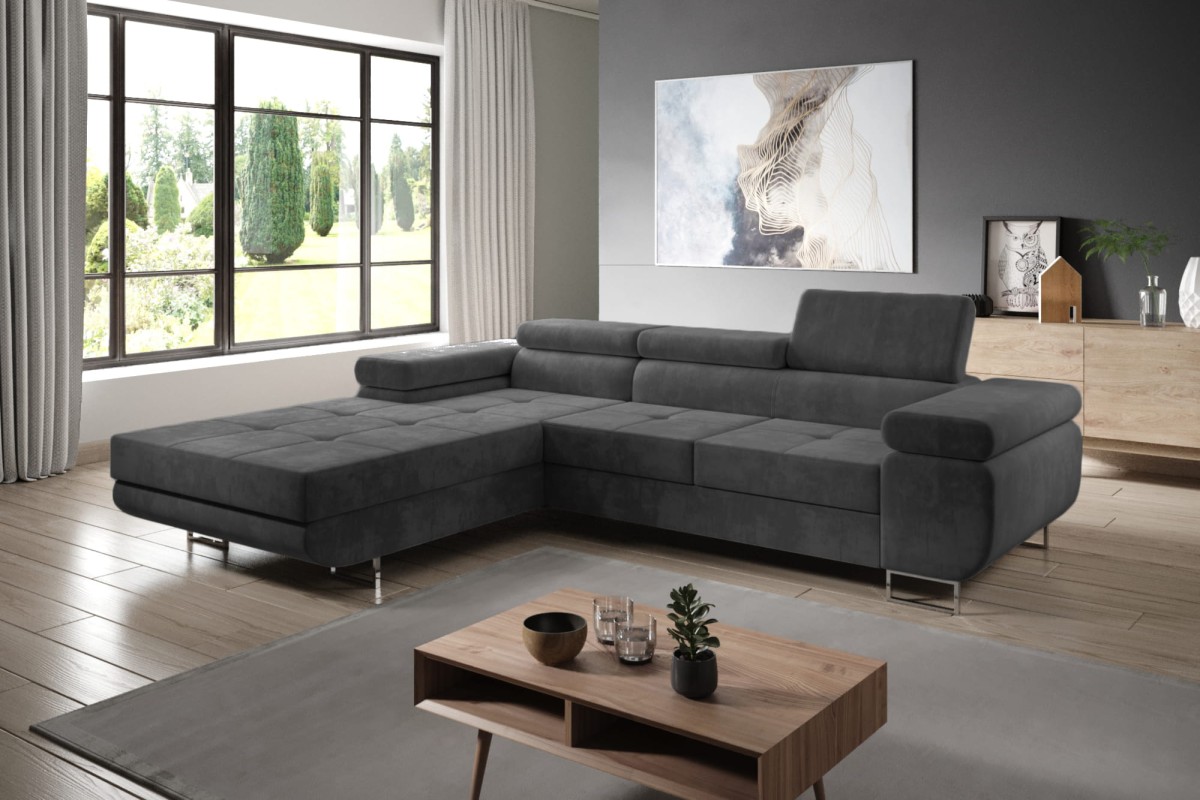 Monolith 95 Narożnik LOTUS Nowoczesny z funkcja spania do Salonu Pojemnik na pościel Do pokoju Regulowane zagłówki Ciemny Popiel Grafit Antracyt.jpg