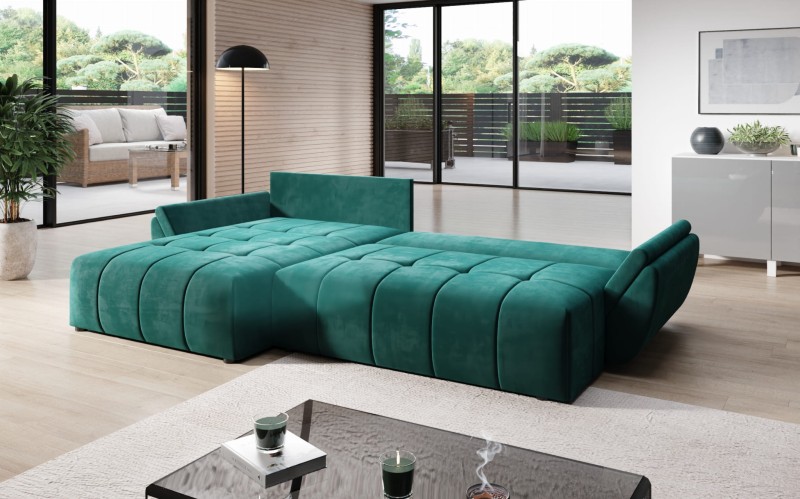 Monolith 37 funkcja preview Narożnik BOOM Nowoczesny Uniwersalny Mebel do salonu Pokoju Gościnnego poduszki Pojemnik na pościel Funkcja Spania Butelkowa zieleń Zielony.jpg