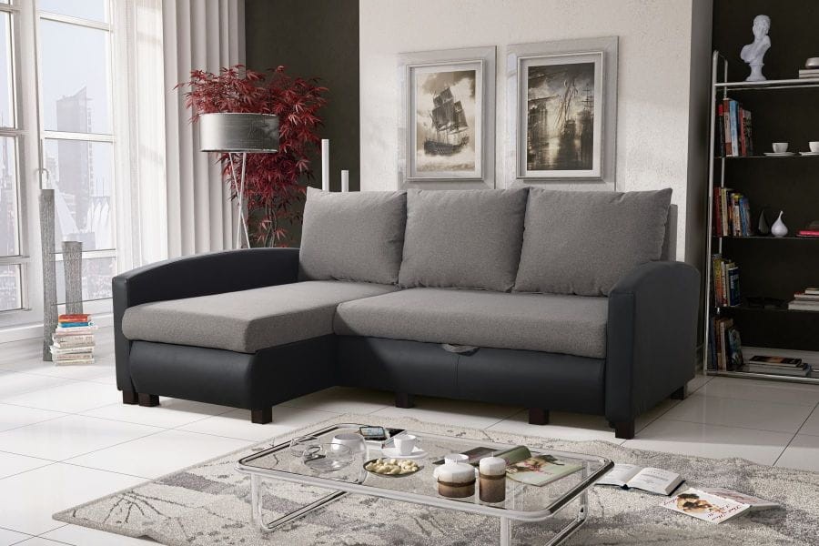 Narożnik  PORTOS  Do Salonu Funkcja Spania Sprężyna BONELL Na Całej Powierzchni Spania Pojemnik Na Pościel Nowoczesny Poduszki Pokoju Młodzieżowy Mały Dwa Pojemniki Uniwersalny Prawy Lewy INARI 90 Madryt 1100