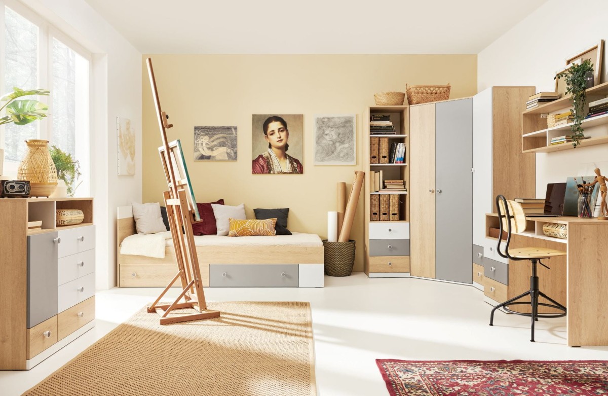 Zestaw Mebli Młodzieżowych Nowoczesny System Pixel Aranżacja 04 Biurko Szafa Łóżko Komoda Bieliźniarka Regał Szafka.jpg