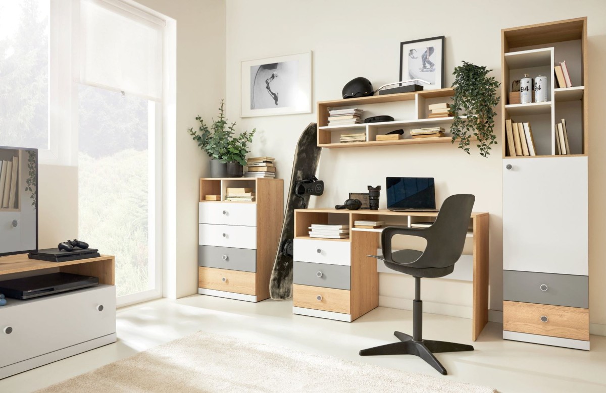 Zestaw Mebli Młodzieżowych Nowoczesny System Pixel Aranżacja 06 Biurko Komoda Bieliźniarka Regał Szafka.jpg