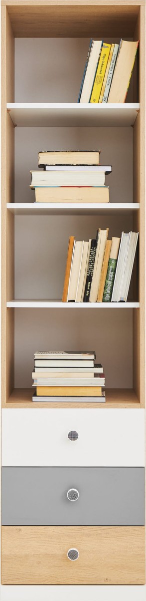 Regał PIXEL px06 Słupek Trzy Szuflady Nowoczesna Młodzieżowa Do Pokoju Dziecka Szara Biała Dąb.jpg