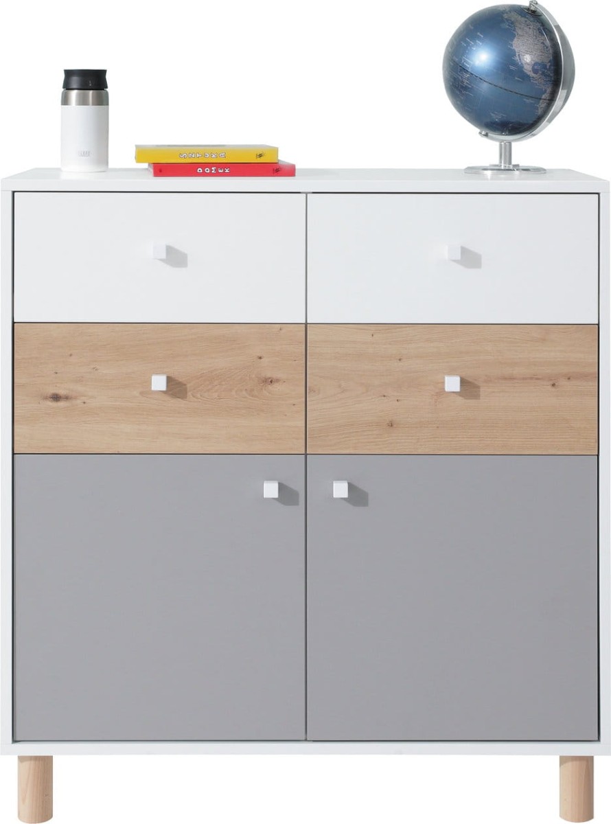 Komoda FARO fr10 Szafka Cztery Szuflady Dwudrzwiowa 85 Do Salonu Pokoju Dziecka Nowoczesna Młodzieżowa Biała Lux Dąb Artisan Szara Grafit.jpg