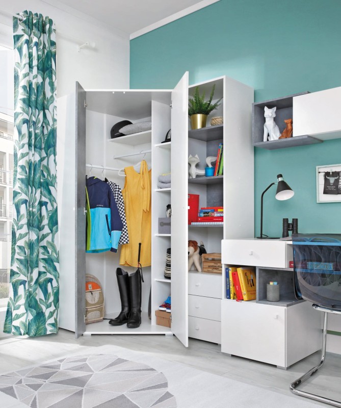 Szafa Narożna SIGMA SI 02 Beton Biały  Lux Szafa Półki Regał Drążek Do Pokoju Młodzieżowego Nowoczesna Duża Drzwi Środek Wnętrze.jpg