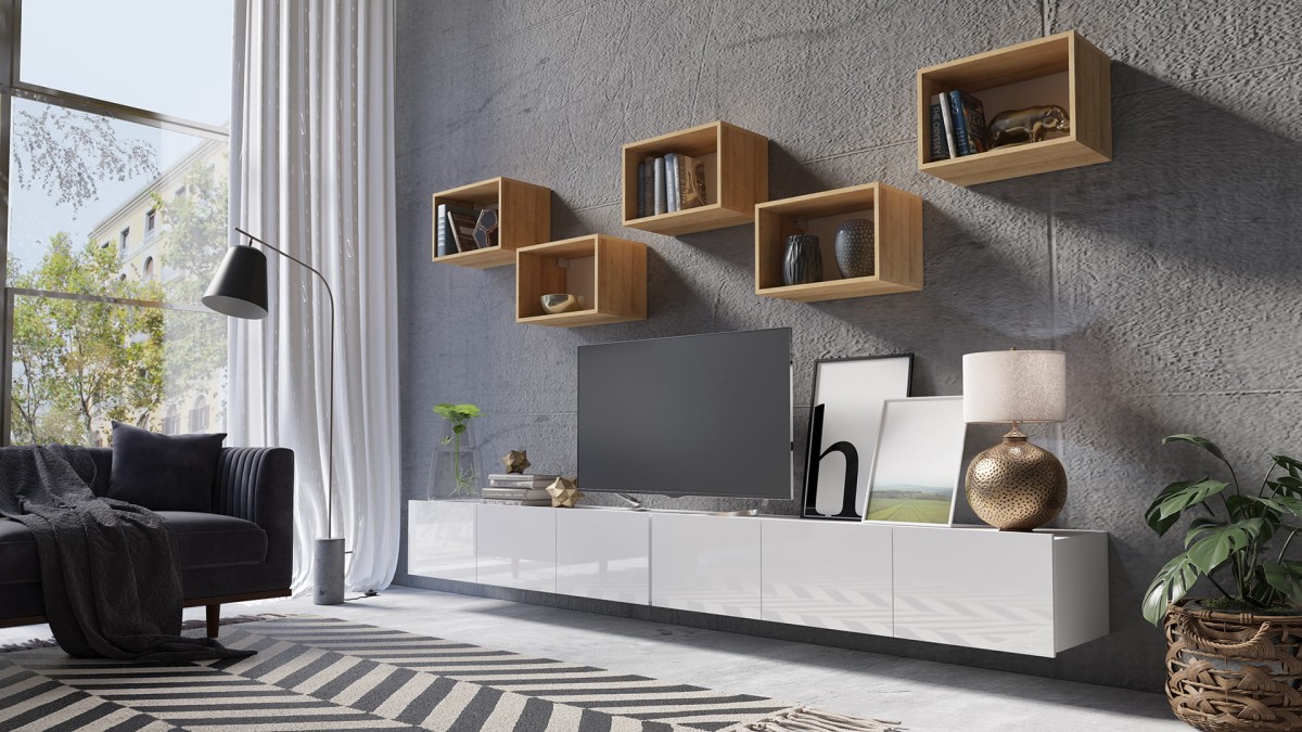 ZESTAW 32 biały-dąb złoty (2) PRESTIŻ ZESTAW MEBLI Do Salonu Meblościanka POKÓJ Szafka Wisząca Uniwersalna RTV Wysoki Połysk.jpg