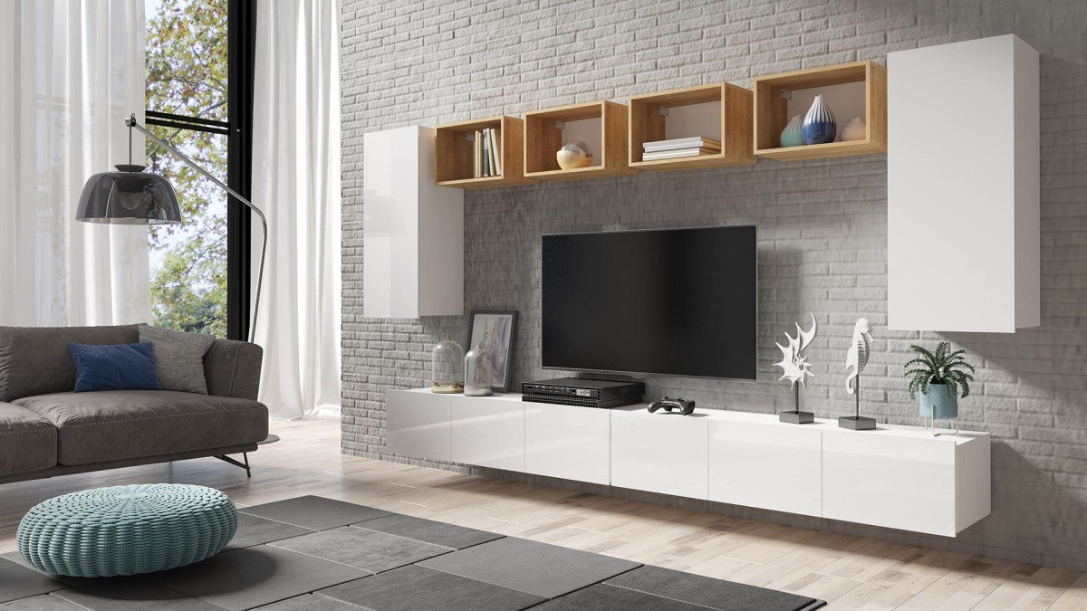 ZESTAW 35 biały-dąb złoty PRESTIŻ ZESTAW MEBLI Do Salonu Meblościanka POKÓJ Szafka Wisząca Uniwersalna RTV Wysoki Połysk.jpg