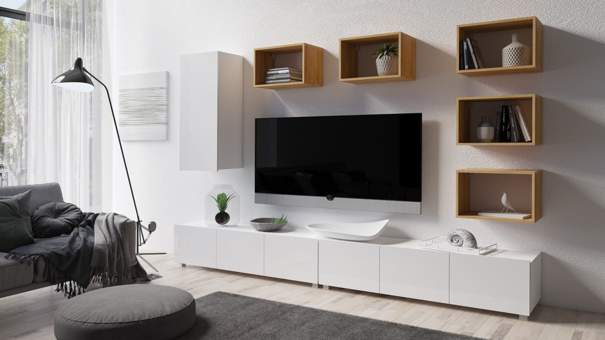 ZESTAW 37 biały-dąb złoty (2) PRESTIŻ ZESTAW MEBLI Do Salonu Meblościanka POKÓJ Szafka Wisząca Uniwersalna RTV Wysoki Połysk.jpg