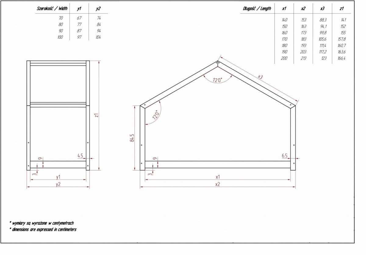 Łóżko Domek Dla Dzieci ALICJA Drewniane Sosnowe Drewno Iglaste Sosna Naturalne Klasyczny Domek Dla Dziecka Rysunek Techniczny Wymiary.jpg
