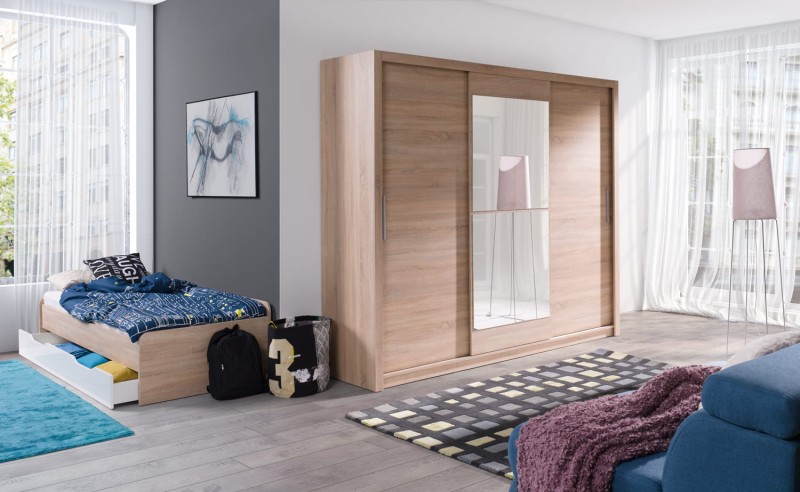 Szafa MISTRAL Szerokość 250 cm Wysokość 206 cm Biała Dąb Sonoma Lustro Trzydrzwiowa Nowoczesna Do Sypialni Pokoju Garderoba.jpg