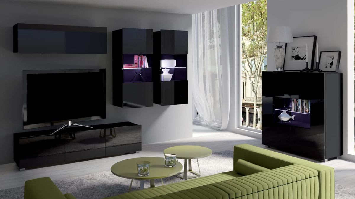 PRESTIŻ ZESTAW MEBLI Do Salonu POKÓJ SZAFKA WISZĄCA RTV WITRYNA Wysoki Połysk ZESTAW NR 6 CZARNY.jpg