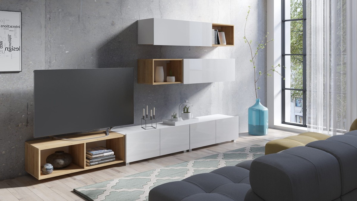 ZESTAW 25 biały-dąb złoty PRESTIŻ ZESTAW MEBLI Do Salonu Meblościanka POKÓJ Szafka Wisząca Uniwersalna RTV Wysoki Połysk Stojąca.jpg