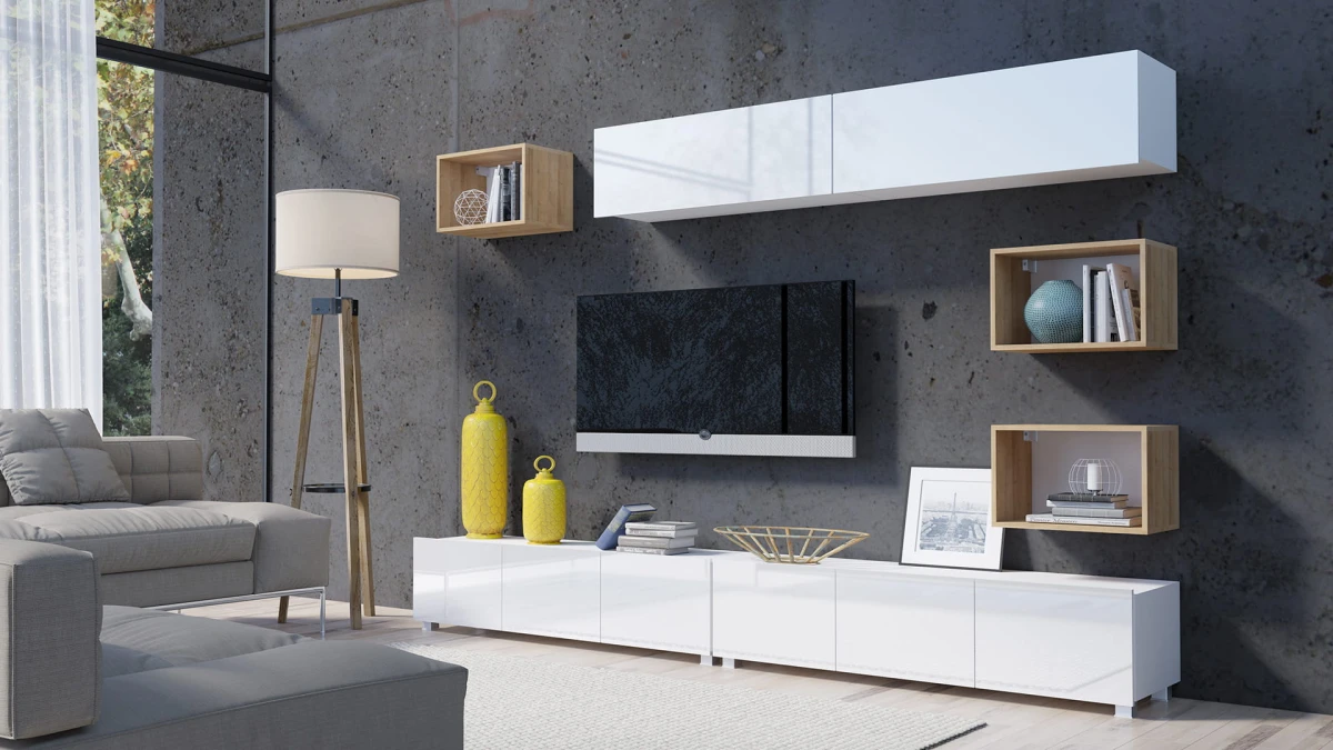 PRESTIŻ ZESTAW MEBLI Do Salonu Meblościanka POKÓJ Szafka Wisząca Uniwersalna RTV Wysoki Połysk NOWE  zestaw 31  BIALY DAB.jpg