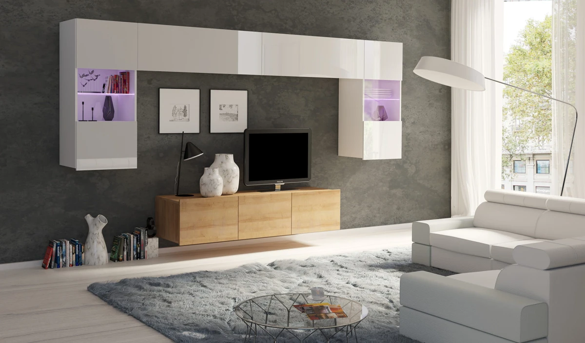 ZESTAW NR 2 BIAŁY - CZARNY PRESTIŻ ZESTAW MEBLI Do Salonu Meblościanka POKÓJ Szafka Wisząca Uniwersalna RTV Wysoki Połysk.jpg