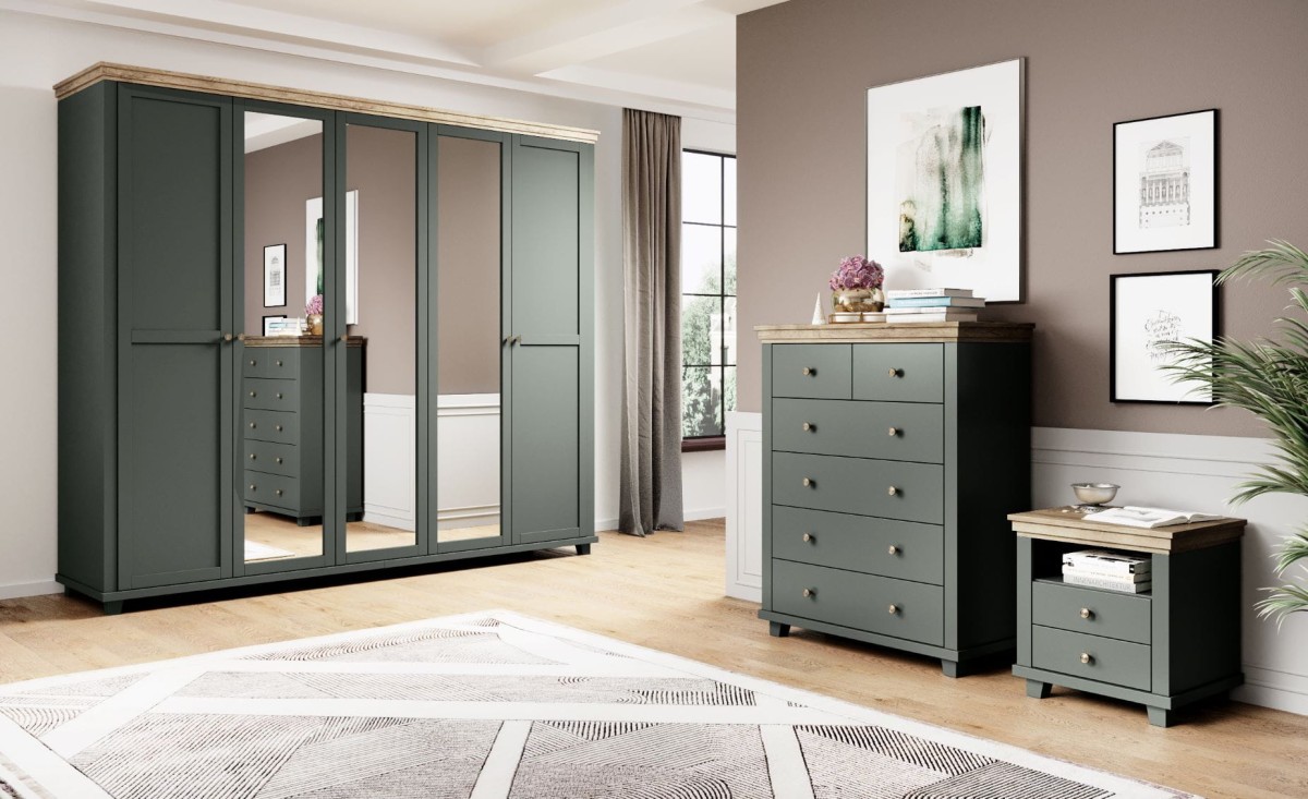 Sypialnia EVORA Stolik Nocny Szafka Nocna Komoda Szuflady Szafa Lustro Zielone Dąb Lefkas Do Sypialni Nowoczesne Helvetia .jpg