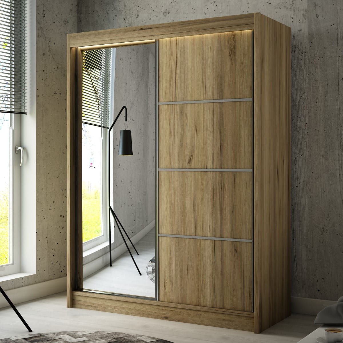 Szafa Przesuwna PAKO Szerokość 120 cm Dąb Craft Złoty + front Lustro Dwudrzwiowa 2-drzwi Do Sypialni Pokoju Salonu Garderoba Duża.jpg