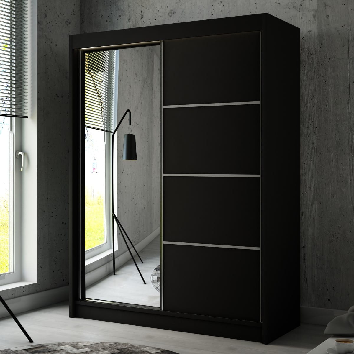 Szafa Przesuwna PAKO Szerokość 120 cm Czarna + front Czarny Lustro Dwudrzwiowa 2-drzwi Do Sypialni Pokoju Salonu Garderoba Duża.jpg