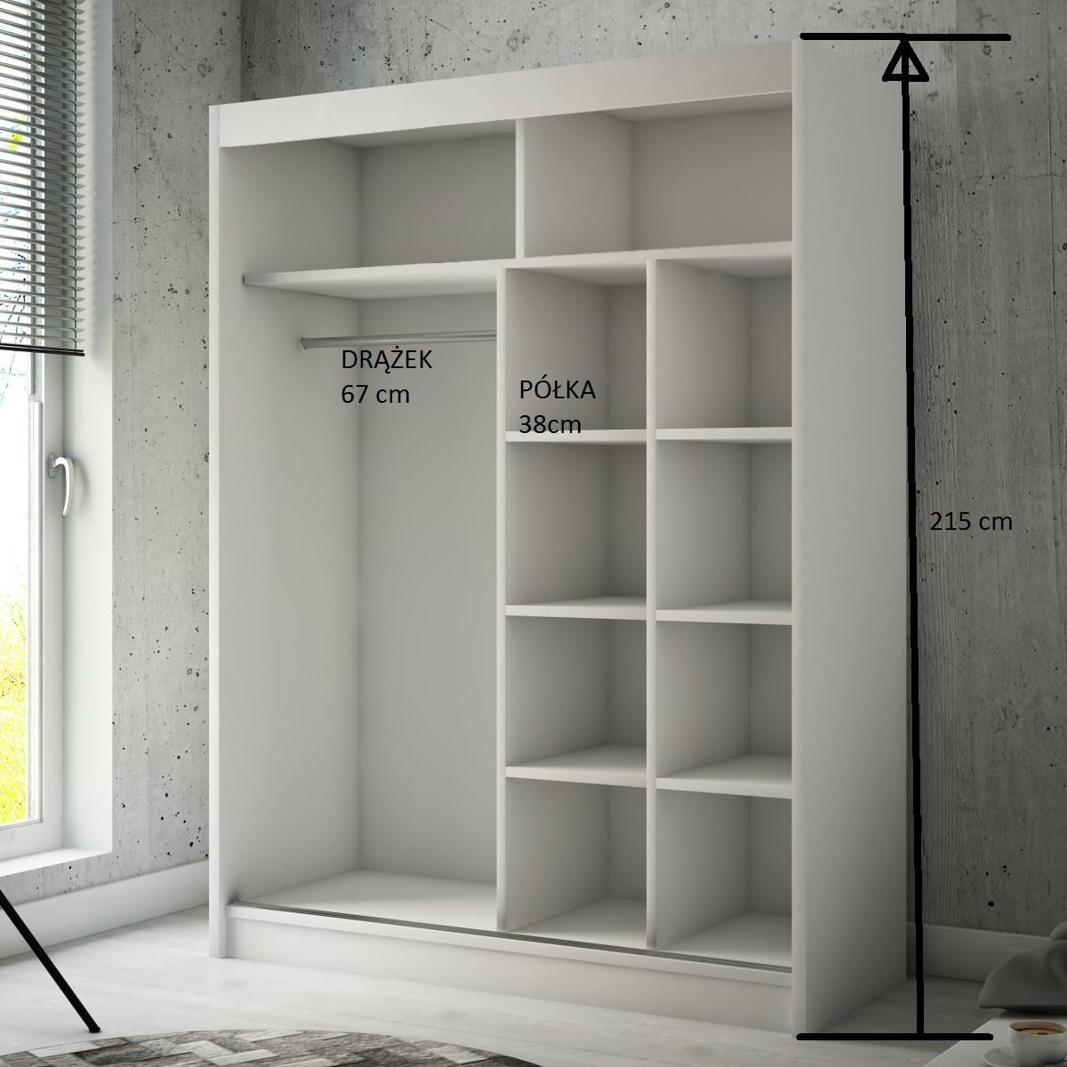 Szafa Przesuwna PAKO Szerokość 150 cm Biała + front Biały Lustro Dwudrzwiowa 2-drzwi Do Sypialni Pokoju Salonu Garderoba Środek Wymiary.jpg