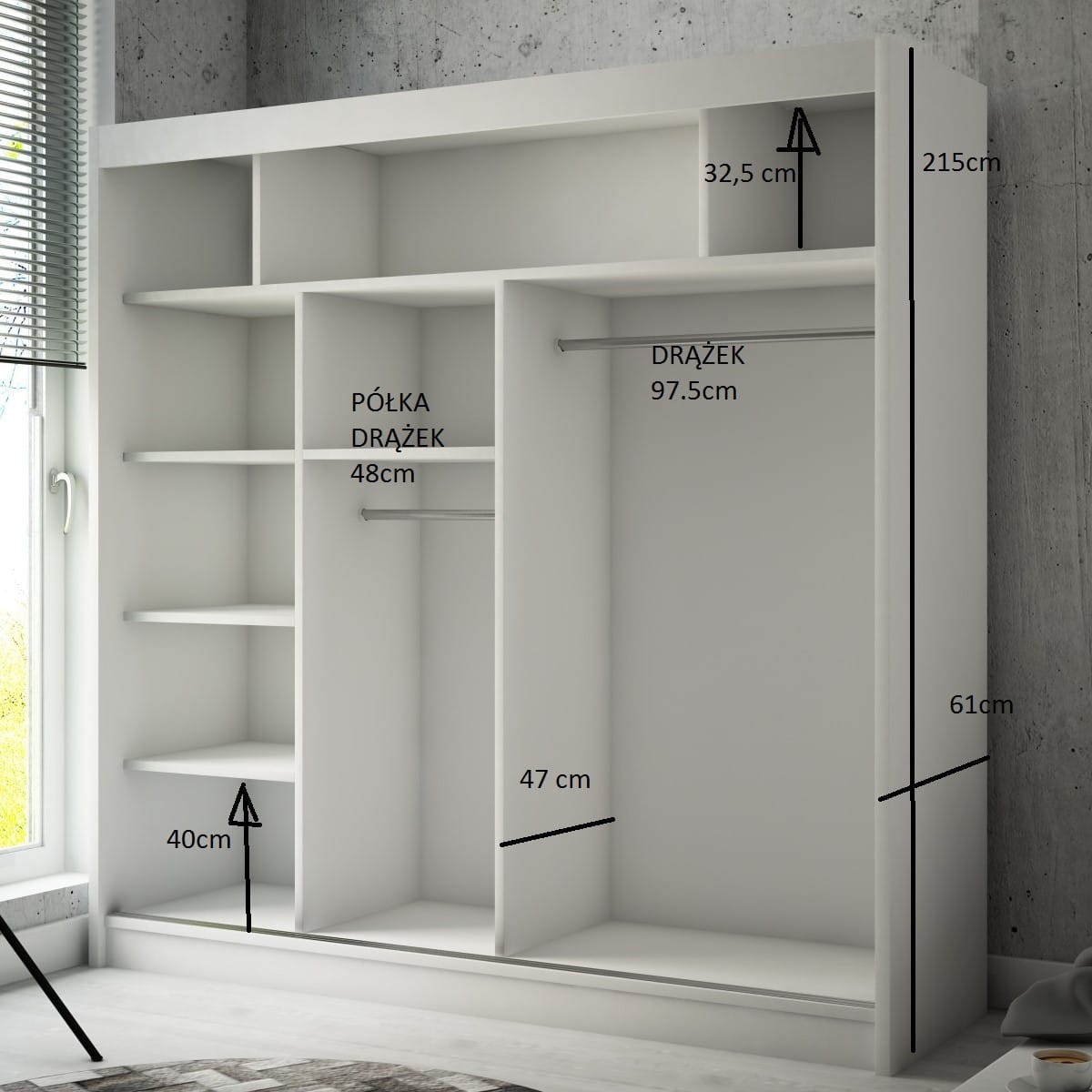 Szafa Przesuwna PAKO Szerokość 200 cm Biała + front Biały Lustro Dwudrzwiowa 2-drzwi Do Sypialni Pokoju Salonu Garderoba Środek Wymiary.jpg