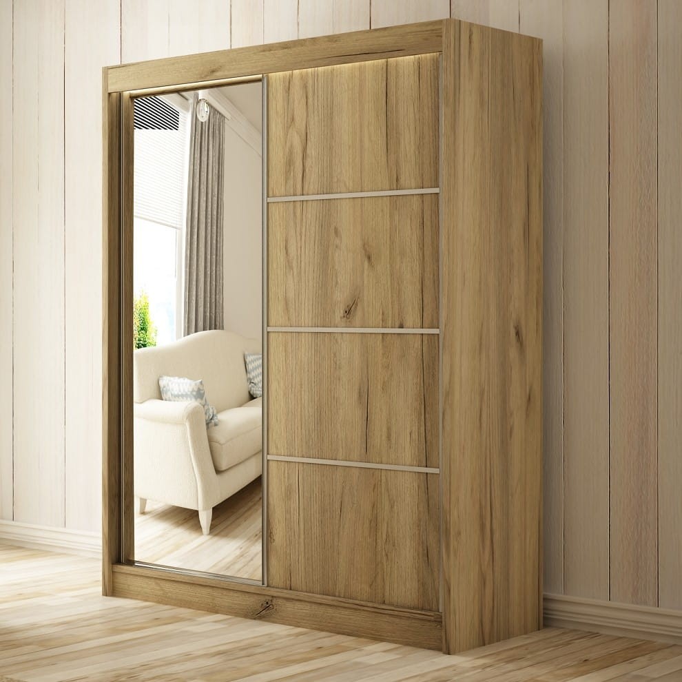 Szafa Przesuwna PAKO Szerokość 200 cm Dąb Craft Złoty + front Lustro Dwudrzwiowa 2-drzwi Do Sypialni Pokoju Salonu Garderoba Duża.jpg
