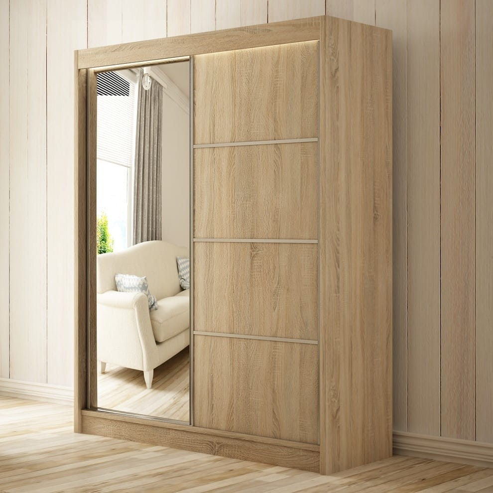 Szafa Przesuwna PAKO Szerokość 200 cm Dąb Sonoma + front Lustro Dwudrzwiowa 2-drzwi Do Sypialni Pokoju Salonu Garderoba Duża.jpg