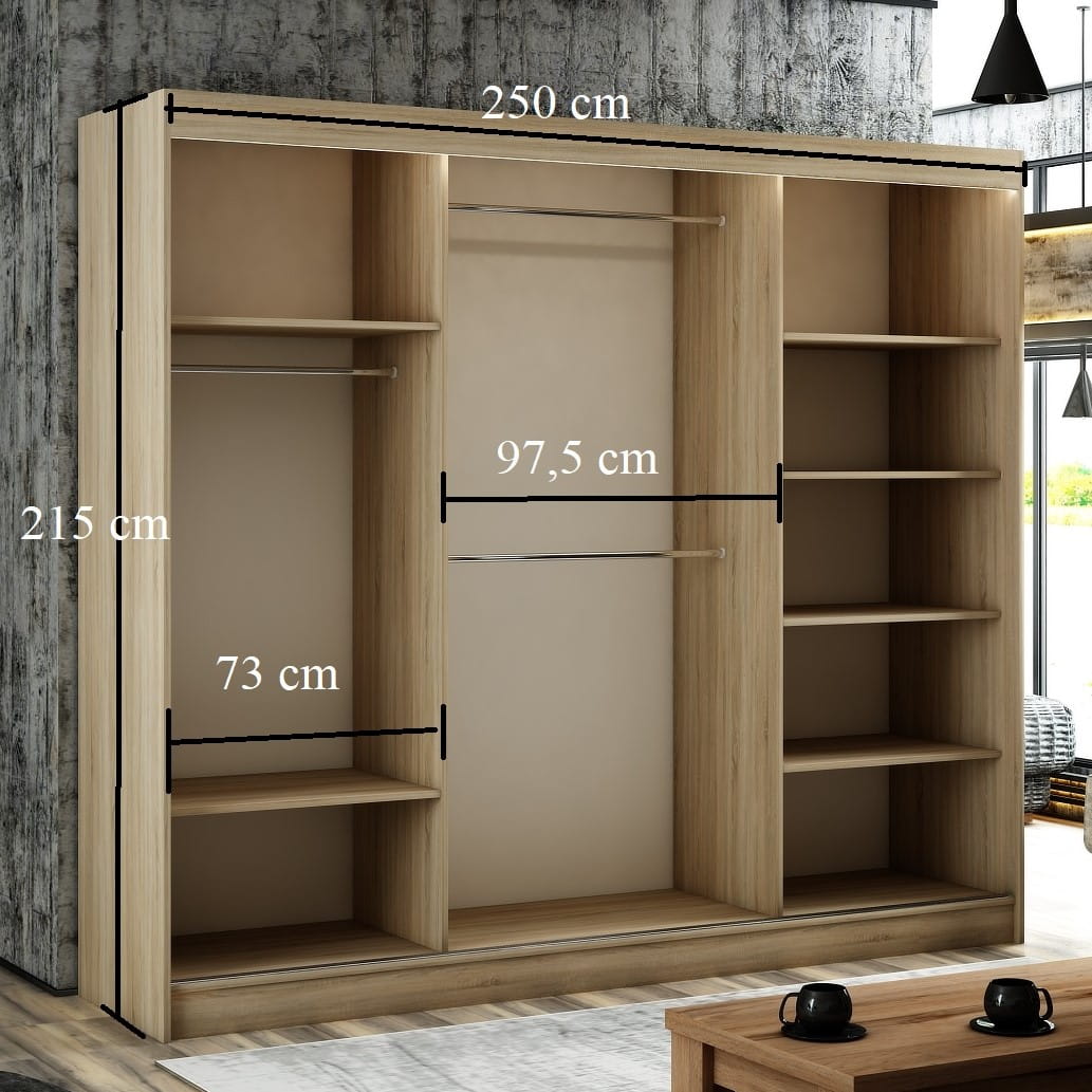 Szafa Przesuwna PAKO Szerokość 250 cm Biała + front Biały Lustro Dwudrzwiowa 2-drzwi Do Sypialni Pokoju Salonu Garderoba Środek Wymiary.jpg