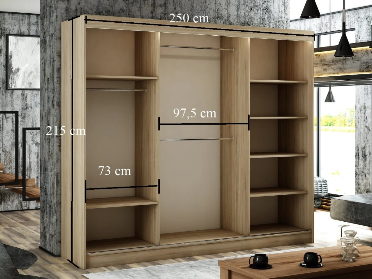 Szafa Przesuwna BERGO Szerokość 250 cm Wysokość 216 cm Biała Trzydrzwiowa Nowoczesna Do Sypialni Salonu Pokoju Garderoba Drążek Półki LED Duża Środek Wymiary.jpg