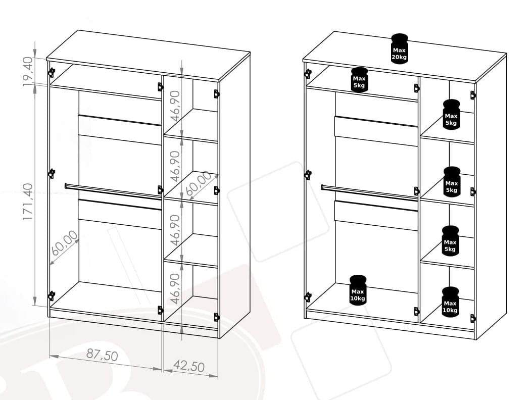 BO SZAFA 3-DRZWIOWA Biała BONO do Sypialni Pokoju Garderoba 2-drążki półki Wymiary Specyfikacje.jpg