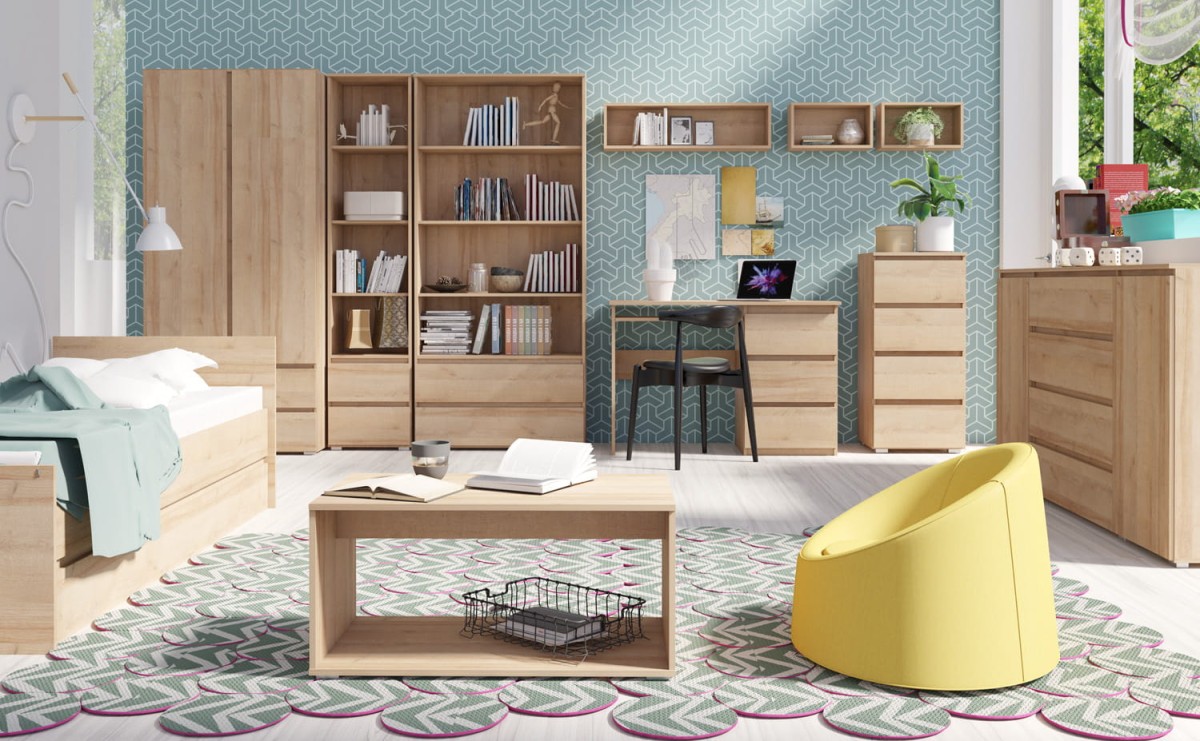 System Mebli Do Pokoju Dziecka Meble Młodzieżowe Zestaw Cosmo - Dąb Riviera Łóżko Szafa Komoda Biurko Stolik.jpg