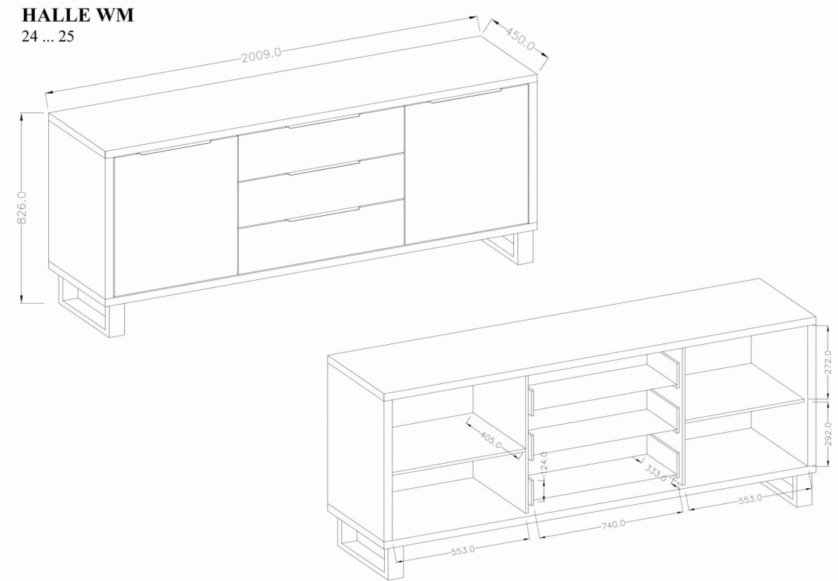 Komoda Halle 25 Szeroka Szerokość 200 cm Wysoka 82 cm 3-Szuflady 2-Drzwi Do Salonu Pokoju Nowoczesne Meble Styl LOFT Dąb WOTAN Wymiary.jpg