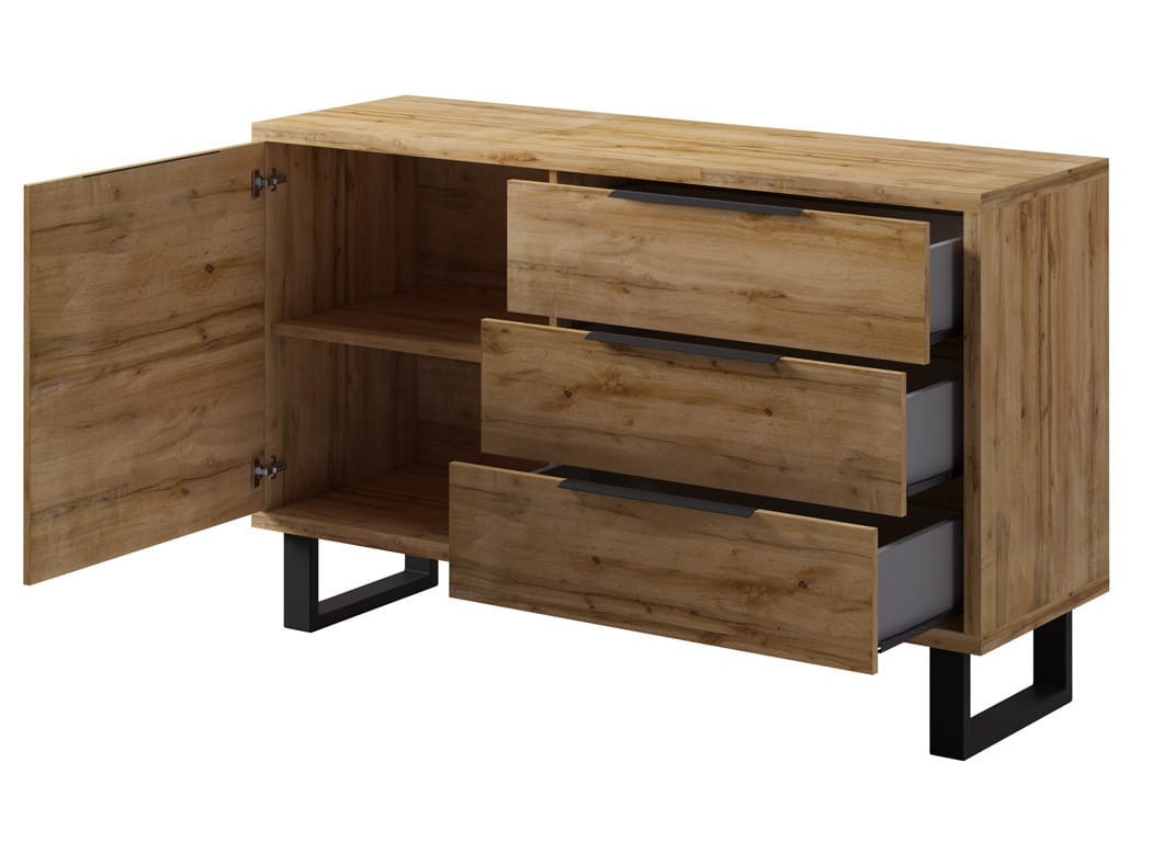 Komoda Halle 47 Szeroka Szerokość 144 cm Wysoka 82 cm 3-Szuflady Drzwi Do Salonu Pokoju Nowoczesne Meble Styl LOFT Dąb WOTAN Otwarta.jpg