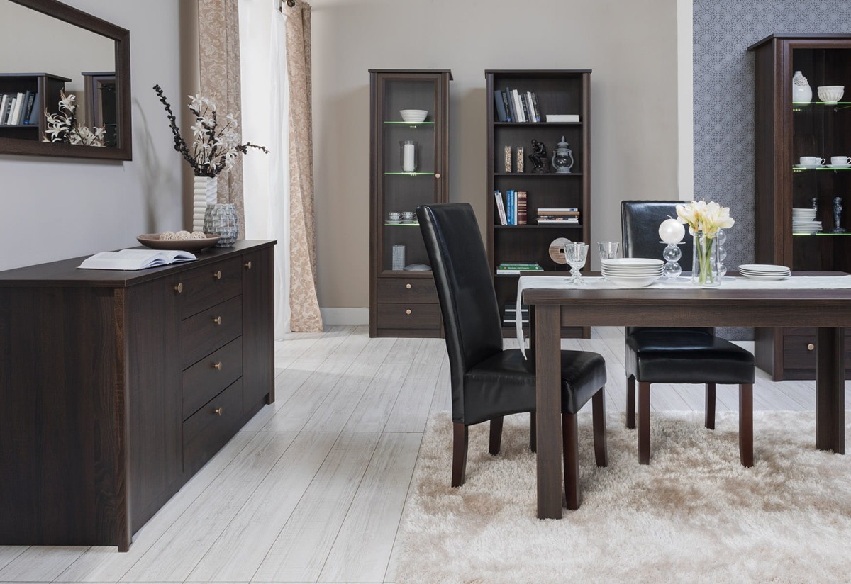 Zestaw Mebli Do Pokoju Salonu Finezja- jadalnia- dąb sonoma czekolada Komoda Regał Witryna Stół.jpg