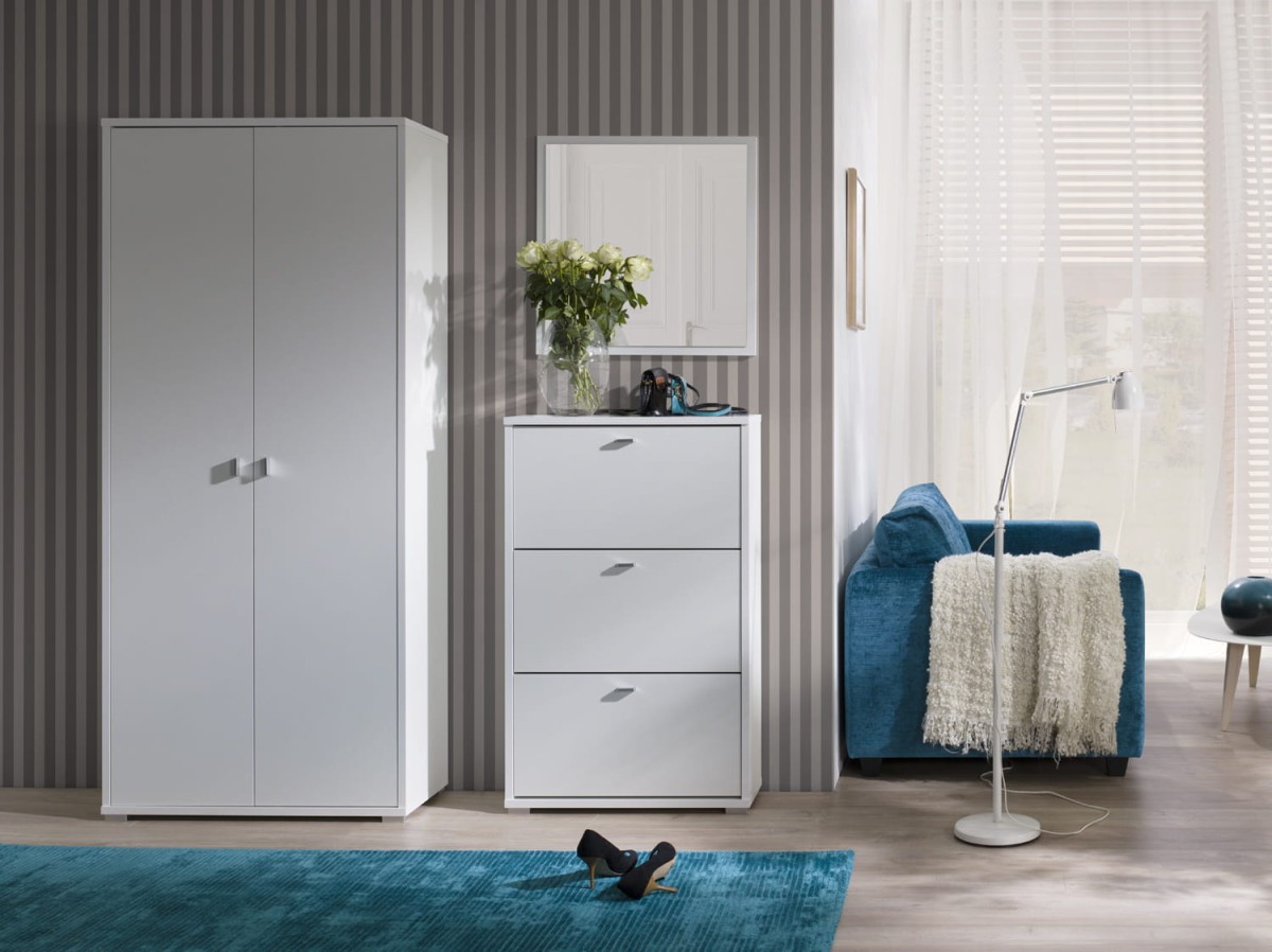 Szafka na buty ANTER A03 Szafa Dwudrzwiowa Biała Lustro Garderoba do Przedpokoju Dwa Poziomy Koszyki.jpg