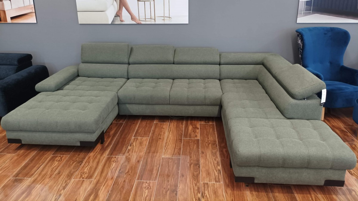 Narożnik SELVA XL z Funkcją Spania i Pojemnikiem na Pościel Regulowane Zagłówki do Salonu Pokoju Nowoczesny Styl Zielony Metalowa Noga LOFT Duży u