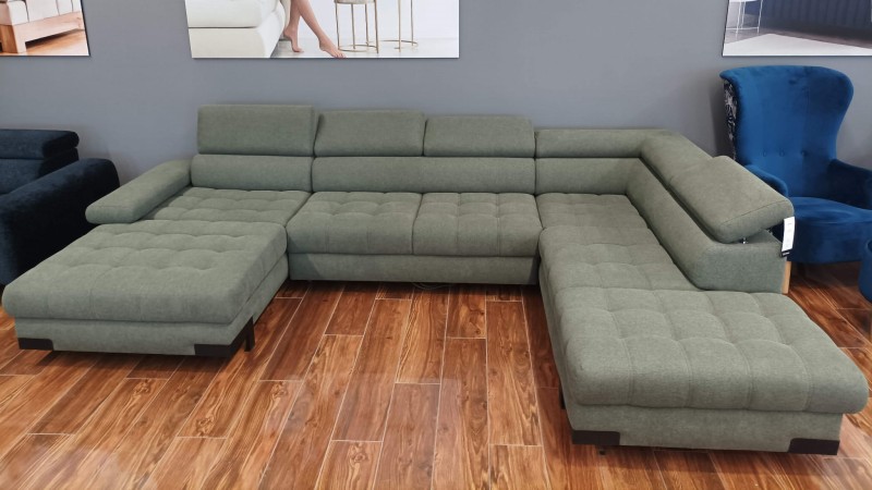 Narożnik SELVA XL z Funkcją Spania i Pojemnikiem na Pościel Regulowane Zagłówki do Salonu Pokoju Nowoczesny Styl Zielony Metalowa Noga LOFT Duży u